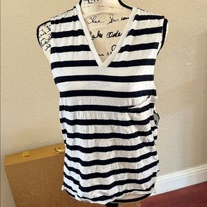 Theory Navy and White Striped V-Neck Muscle Tee